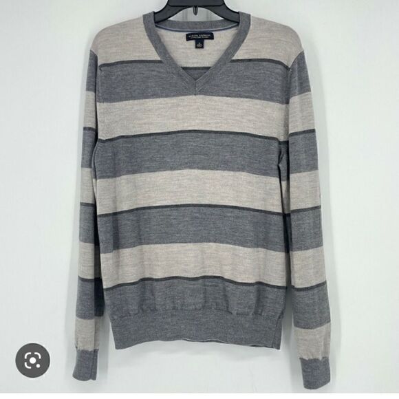 Sweater Merino Wool Banana Republic Men's Large Tall Gray Striped v-neck - Picture 1 of 7